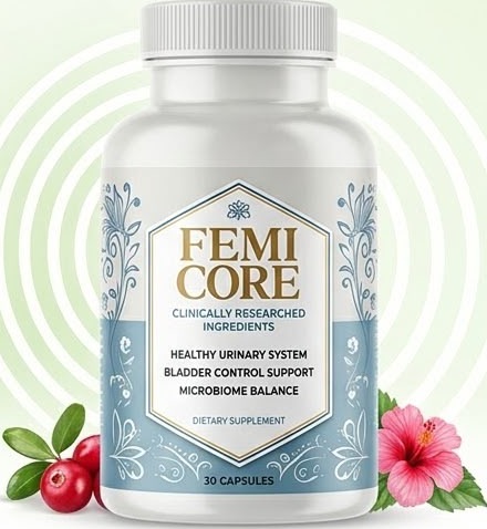 A bottle of FemiCore, a 30-capsule dietary supplement for urinary system and bladder control support